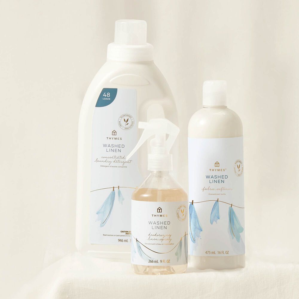 Thymes Washed Linen Deodorizing Linen Spray to Freshen Fabrics and Furniture featured with Thymes Washed Linen Concentrated Laundry Detergent and Fabric Softener image number 1
